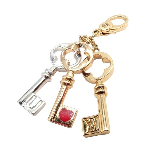 Rare! Louis Vuitton LV 18k Tri Color Gold Enamel Heart Three Keys Charm Pendant - Picture 8 of 8